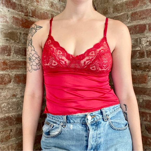 vassarette Tops - Vintage Red Slip Tank Womens Size 34 Lace Sheer Vasarette Cami